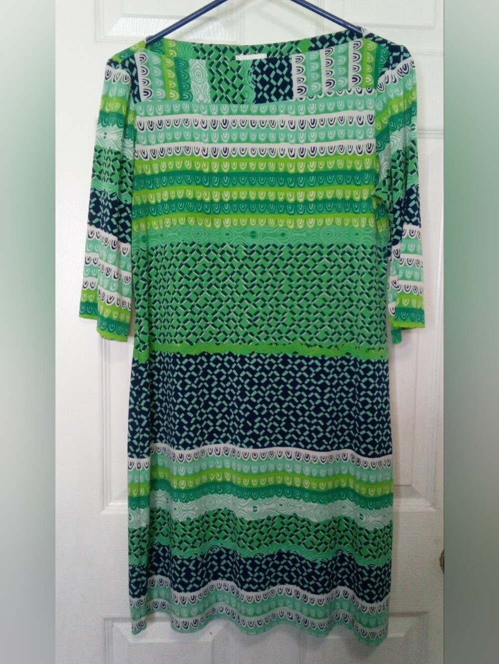 Donna Morgan Green and Navy Geometric Midi Dress